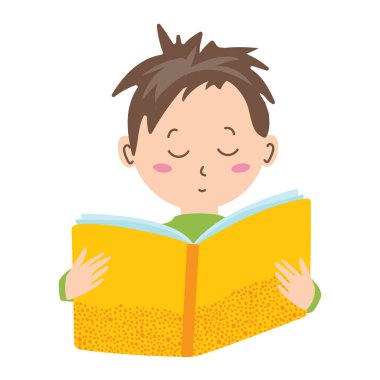 Boy reading big yellow book. Book lovers day. For education, learning, literacy. Vector illustration