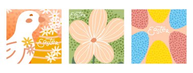 Yumuşak pastel renkli modern Paskalya kartı seti. Şirin kuş, çiçekler ve soyut yumurta desenleri. Tebrik kartları, sosyal medya, poster, afiş ve şenlikli dekorasyonlar. Vektör illüstrasyonu