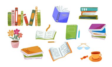 Şirin kitaplar, defterler ve aksesuar koleksiyonu. Kitap yığınları, açık sayfalar, bir fincan çay, çiçekler ve bardaklar. Eğitim, eğitim ve edebiyat temaları için. Vektör illüstrasyonu