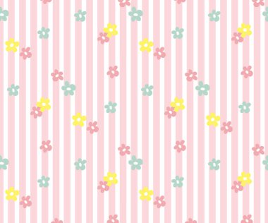 Çizgili arka planda pastel çiçekleri olan kusursuz gingham deseni. Narin tasarımda yumuşak pembe, sarı ve yeşil tonlarda. Kumaş, duvar kâğıdı, kâğıt ve ambalaj için. Vektör illüstrasyonu