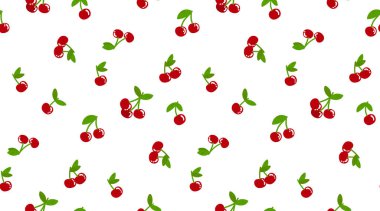 Kırmızı kiraz ve yeşil yapraklar beyaz arka planda, pürüzsüz bir şekilde. Tekstil, kumaş, masa örtüsü, ambalaj, duvar kağıdı ve yaz projeleri için. Vektör illüstrasyonu