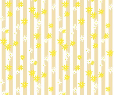 El çizimi papatyalar bej ve beyaz çizgili arka planda dikişsiz çiçek deseni. Kumaş, duvar kağıdı, ambalaj kağıdı ve dijital projeler için yumuşak pastel tasarım. Vektör illüstrasyonu