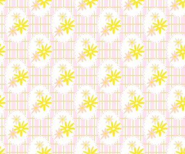 Pastel kareli arka planda papatya çiçekleri. Yumuşak renklerde ve hassas detaylarda kusursuz desen. Kumaş, bebek kıyafetleri, duvar kâğıdı, ovalama, ambalaj kağıdı için. Vektör illüstrasyonu