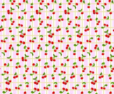 Kusursuz kiraz desenli, kareli bir geçmişi var. Yumuşak pastel ekoseli yeşil yapraklı şirin kırmızı karalama kirazları. Kumaşlar, ambalaj kağıtları, duvar kağıtları, dijital tasarımlar için mükemmel. Vektör illüstrasyonu