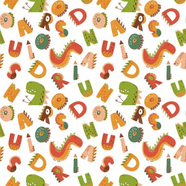Dino ve dinozor temalı alfabe. Dikenli, pullu ve tarih öncesi unsurlara sahip eğlenceli ve renkli harflerle kusursuz bir desen. Çocuk tekstil ürünleri ve duvar kağıtları için mükemmel. Vektör illüstrasyonu