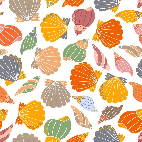 Renkli deniz kabukları pürüzsüz desen. Deniz tarağı ve deniz kabuğuyla dolu parlak bir yaz mevsimi. Vektör illüstrasyonu