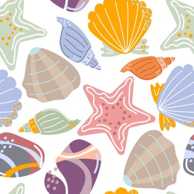 Deniz kabuğu, deniz yıldızı ve deniz taşları pürüzsüz desen. Okyanustan esinlenilmiş canlı bir tasarım. Kumaşlar, duvar kağıtları, ambalaj kağıtları ve plaj temalı projeler için. Vektör illüstrasyonu