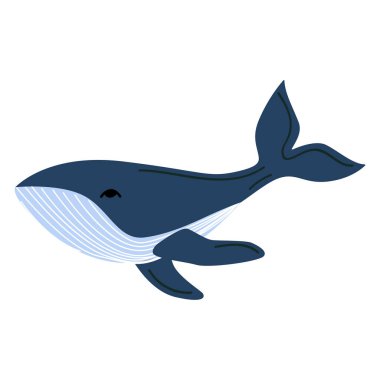 Şirin mavi balina. Basit karikatür okyanus hayvanları. Çocuk tasarımları, çıkartmalar, posterler ve çocuk odası dekorları için harika. Vektör düz resimleme