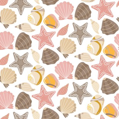 Deniz kabukları, denizyıldızı ve yumuşak pembe ve bej renkli taşlarla kusursuz desen. Çocuk ürünleri, tekstil, ambalaj ve yaz temaları için şirin deniz tasarımı. Vektör illüstrasyonu