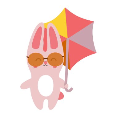Güneş gözlüklü ve plaj şemsiyeli sevimli pembe tavşan. Çocuklar ve eğlenceli tasarımlar için yaz karikatürü hayvan çizimi. Vektör illüstrasyonu