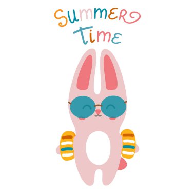 Güneş gözlüklü ve kollu şirin bir tavşan. Yaz zamanı elle çizilmiş metin. Çocuklar, kartlar ve baskılar için eğlenceli bir yaz illüstrasyonu. Vektör illüstrasyonu