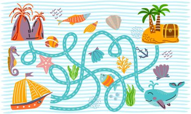 Gemi, volkan, ada ve sevimli deniz hayvanlarıyla dolu komik bir deniz labirenti. Hazinelerle dolu bir adaya gitmemize yardım et. Çocuklar ve yaz oyunları için parlak ve eğlenceli bir tasarım. Vektör illüstrasyonu