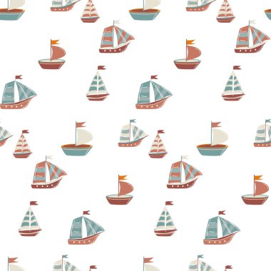 Yelkenli şirin, pürüzsüz desen. Çocuk kumaşı, ambalaj kağıdı, duvar kağıdı ya da deniz temalı tasarımlar için deniz tasarımı. Basit ve oyuncu bir el çizimi tarzı. Vektör illüstrasyonu