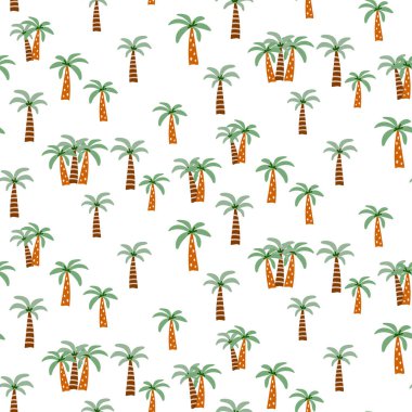 Palmiye ağaçları kusursuz bir yaz şablonudur. Kumaş, tekstil, ambalaj ve çocuk projeleri için. Vektör illüstrasyonu