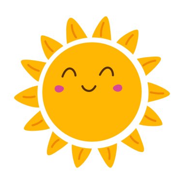 Neşeli bir yüzü ve kızarmış yanakları olan komik bir güneş. Simge ya da çıkartma. Çocuk temaları ve pozitif grafikler için tasarım. Vektör illüstrasyonu