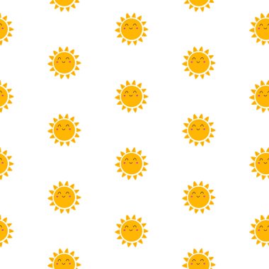 Gülümseyen güneş yüzlü şirin, pürüzsüz desen. Çocuk kumaşı, duvar kağıdı ya da ambalaj kağıdı için yaz tasarımı. Vektör illüstrasyonu