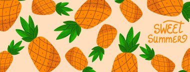 Güzel yaz. Poster, afiş, el ilanı ya da yaz tasarımı için pembe arka planda ananas meyvesi deseni. Vektör illüstrasyonu