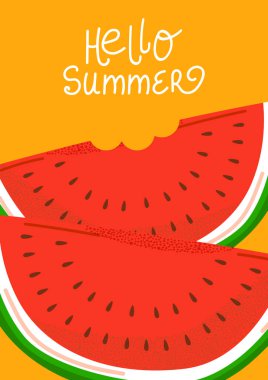 Karpuz dilimleri ve el yazısıyla yazılmış Hello Summer mesajı olan parlak bir yaz kartı. Eğlenceli ve neşeli tasarım, tebrik kartları, posterler ve mevsimlik promosyonlar için mükemmel. Vektör illüstrasyonu