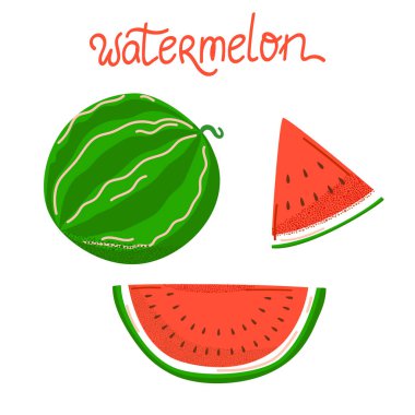Meyve ve dilimli karpuz çizimi. Düz stil yaz tasarımı. Gıda ambalajı, etiketler, baskılar ve mevsimlik grafikler için mükemmel. Vektör illüstrasyonu
