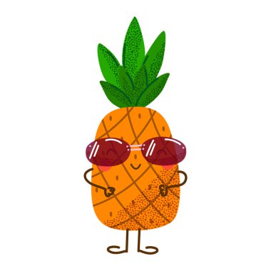 Güneş gözlüklü şirin ananas meyvesi. Çocuklar, baskılar ve dekorasyon için mutlu yaz tasarımı. Vektör illüstrasyonu