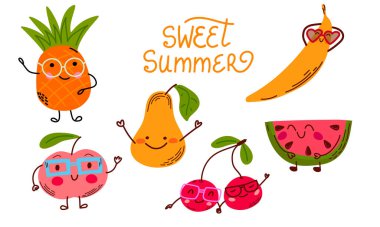 Tatlı yaz meyveleri seti. Kadehlerle gülümseyen meyveler. Ananas, kiraz, armut, muz ve karpuzla eğlenceli bir çizgi film tasarımı. Çocuklar, kartlar, baskılar ve mevsimlik dekorlar için harika. Vektör illüstrasyonu