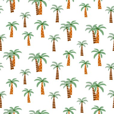 Güzel bir el çizimi şeklinde kusursuz palmiye ağacı deseni. Yaz baskıları, tropikal temalı tasarımlar, kumaş, tekstil, duvar kağıtları ve plaj dekorasyonu için. Vektör illüstrasyonu