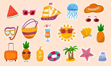 Eğlenceli çizgi film simgeleriyle dolu bir çıkartma seti. Yaz kumsalı için hoş elementler rahatlama, seyahat, tatil, tatil. Planlamacılar, kartlar, baskılar ya da çocuk tasarımları için mükemmel. Vektör illüstrasyonu