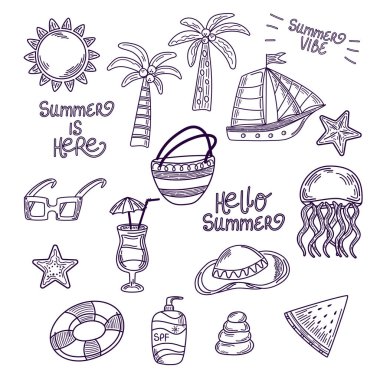 El çizimi yazlık sanat eserleri, tropik tatil ikonları. Eskiz koleksiyonu. Boyama sayfaları, çıkartmalar, kartlar veya tasarım projeleri için. Vektör illüstrasyonu