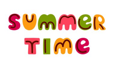 Yaz dönemi mektupları. Basit bir el çizimi stili. Afişler için parlak kelimeler, tebrik kartları. Tipografik tasarım. Vektör illüstrasyonu