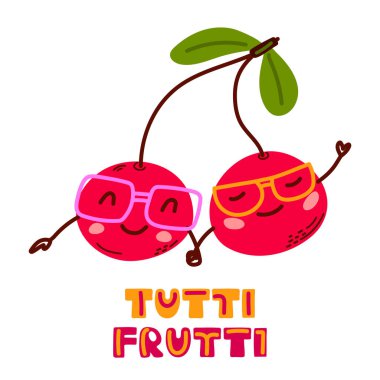 Gözlüklü ve gülümseyen yüzlü şirin kiraz karakterler. Tutti Frutti. Çocuklar için harika, yaz, baskılar ve eğlenceli tasarımlar. Vektör illüstrasyonu