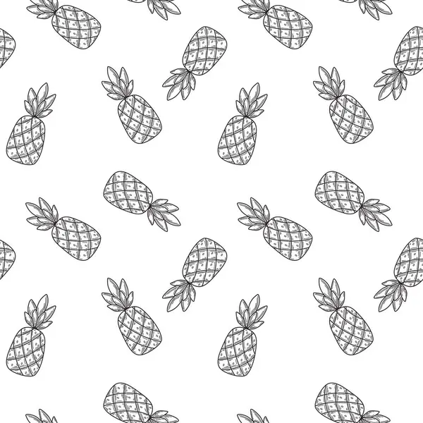 Elle çizilmiş ananaslar, siyah ve beyaz, pürüzsüz desenler. Beyaz arka planda kumaş, ambalaj kağıdı ve dekor için basit meyve taslak tarzı. Vektör illüstrasyonu