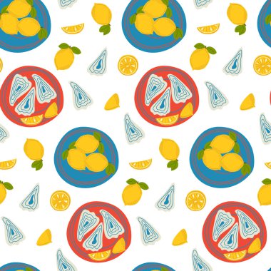 Tabaklarda istiridye ve limon desenleri var. Taze deniz ürünleri ve narenciye dilimleri. Mutfak dekorasyonu, ambalaj ve kumaş baskıları için harika. Vektör illüstrasyonu
