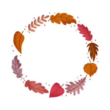 Çizgi film sonbahar yaprakları ve küçük noktaların yuvarlak çerçevesi. Mevsimlik tebrik kartları, davetiyeler, etiketler ya da sonbahar temalı tasarımlar için mükemmel. El çizimi düz vektör çizimi