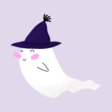 Pembe yanaklı şirin hayalet mor cadı şapkası takıyor. Basit bir Cadılar Bayramı karakteri. Sonbahar ve ürkütücü sezon temaları için eğlenceli tasarım. Vektör illüstrasyonu