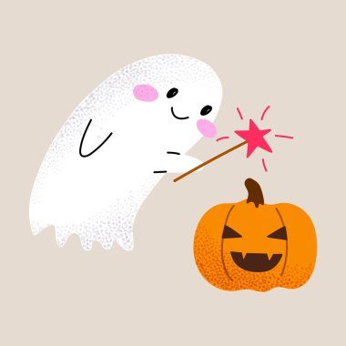 Sihirli değneği ve gülümseyen balkabağı olan sevimli bir hayalet. Komik Cadılar Bayramı karakterleri. Çocukların tasarımları ve ürkütücü tatil dekorları. Vektör illüstrasyonu