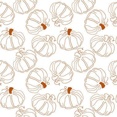 Balkabakları kusursuz bir desen çizer. Kabaklı sonbahar arkaplanı. Kumaş, tekstil ve ambalaj kağıtları için minimalist sonbahar illüstrasyonu. Vektör illüstrasyonu
