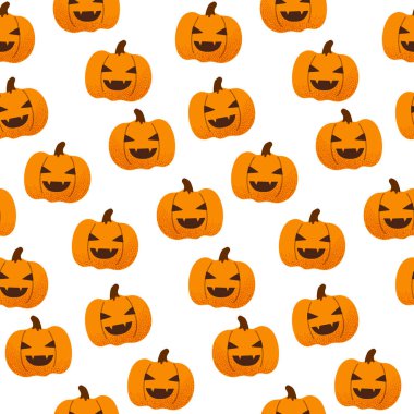 Cadılar Bayramı 'nda gülümseyen ürkütücü balkabağı pürüzsüz desen. Ambalaj kağıdı, kumaş, tekstil, albüm için tatil geçmişi. Vektör illüstrasyonu