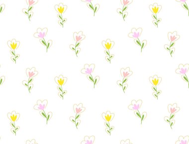 Beyaz arka planda elle çizilmiş kusursuz pastel laleler. Kumaş, çocuk ve bebek ürünleri, kırtasiye malzemeleri ve bahar temalı dekorasyonlar için minimum çiçek tasarımı. Vektör illüstrasyonu