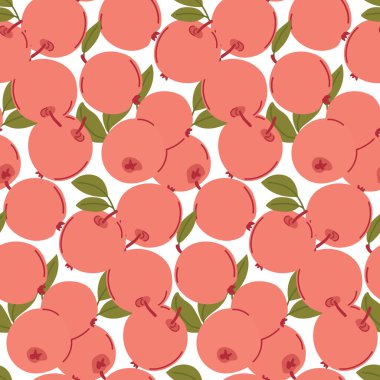 Beyaz arkaplanda yeşil yapraklar ve mercan elmaları olan kusursuz bir desen. Kumaş, ambalaj kağıdı ve ev dekorasyonu için parlak meyve bezi tasarımı. Vektör illüstrasyonu