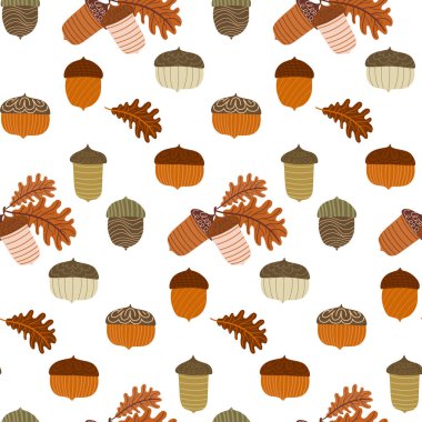 Meşe palamudu ve meşe yaprakları pürüzsüz. Dekoratif meşe palamudu ile sonbahar el çizimi. Kumaş, ambalaj kağıdı ve mevsimlik dekorasyon için. Vektör illüstrasyonu