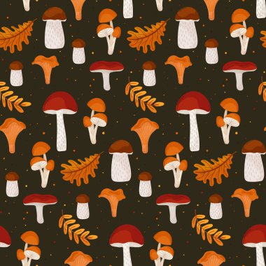 Mantar ve sonbahar yaprakları pürüzsüz. Orman elementleri ile karanlık arka plan. Kumaş, duvar kağıdı ve ambalaj kağıdı için sezonluk tasarım. Vektör illüstrasyonu
