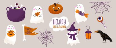 Hayaletler, balkabağı, kazan, göz, örümcek ağı, fener ve karga olan şirin bir Cadılar Bayramı seti. Çocuklar için komik bir tatil illüstrasyonu, kartlar ve dekorasyon. Vektör illüstrasyonu