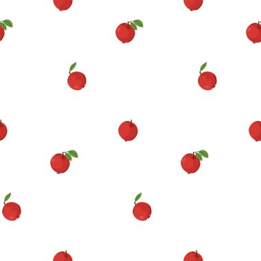 Beyaz arka planda şirin kırmızı elmalar, pürüzsüz desenler. Kumaş, duvar kağıdı, ambalaj kağıdı ve sonbahar dekorasyonu için basit meyve tasarımı. Vektör illüstrasyonu
