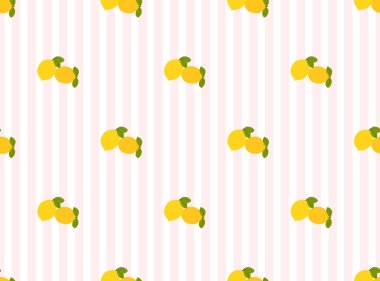 Dikey pembe çizgilerde limonsuz desen. Kumaş için meyve arkaplanı, masa örtüsü, koleksiyon defteri. Vektör illüstrasyonu