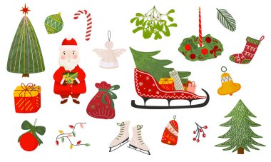 Noel Baba, ağaç, kızak, hediyeler, çelenkler, süsler ve tatil öğeleri ile Noel resimleri. Dekorasyon, kart ya da baskı için parlak bir tasarım. Vektör illüstrasyonu