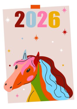 Çok renkli yelesi olan soyut bir at. Çin Yeni Yılı. Modern tebrik kartı, 2026 yılının yıldızlı ve atlı posteri. Vektör illüstrasyonu