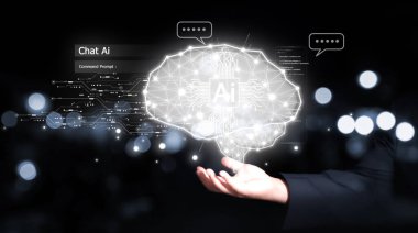 Yapay Zeka 'dan Yapay Zeka' yla sohbet et. Teknoloji, akıllı robot yapay zeka kullanan bir adam komut girerek bir şey üretiyor, gelecekteki teknolojik dönüşüm..