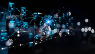 AI Technology. Businessman touch brain working data and Algorithm of Artificial Intelligence in the future business and coding software development synchronize network connection, Data science.