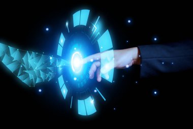 Ai, Machine learn, Hands of robot and human touch on big data network link background, Science and Sunial Intellitechnology, innovation and futuristik.