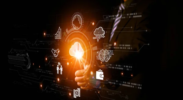 stock image Cloud Computing diagram. Network Data Storage Technology Service. Man working on digital screen with cloud service application icons.